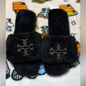 Tory Burch Black Furry Slides with Logo